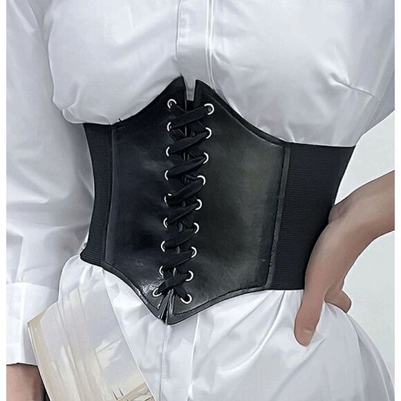 Wide Lace-Up Elastic Waist Tied Black Corset Belt NEW - Picture 1 of 17